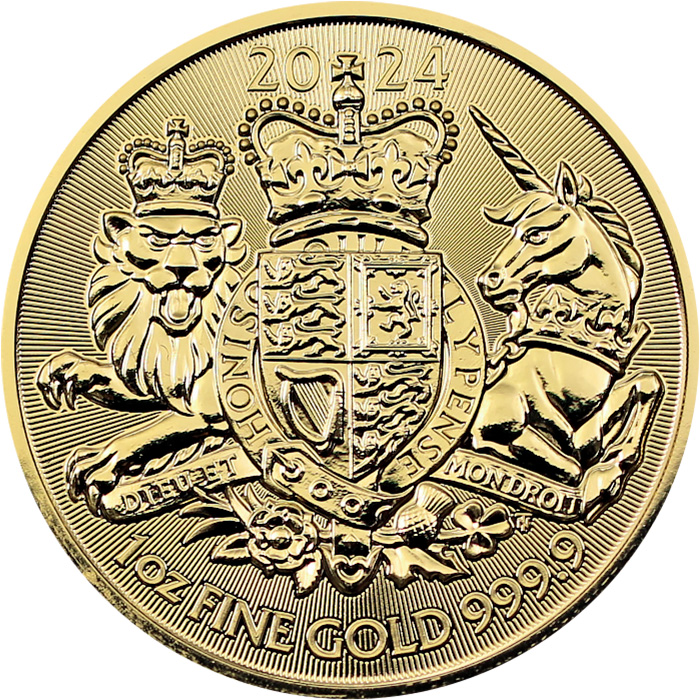 Přední strana Zlatá investiční mince Royal Arms 1 Oz 2024