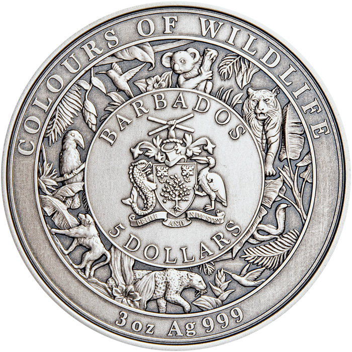 Zadní strana Strieborná minca 3 Oz Farby divočiny - Jaguár 2024 Antique Standard