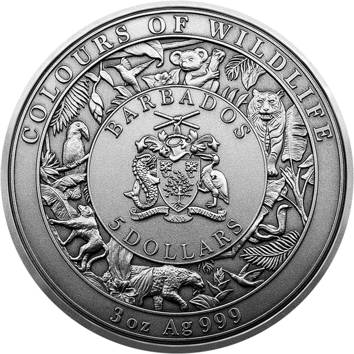 Zadní strana Strieborná minca 3 Oz Farby divočiny - Jaguár 2024 Antique Standard