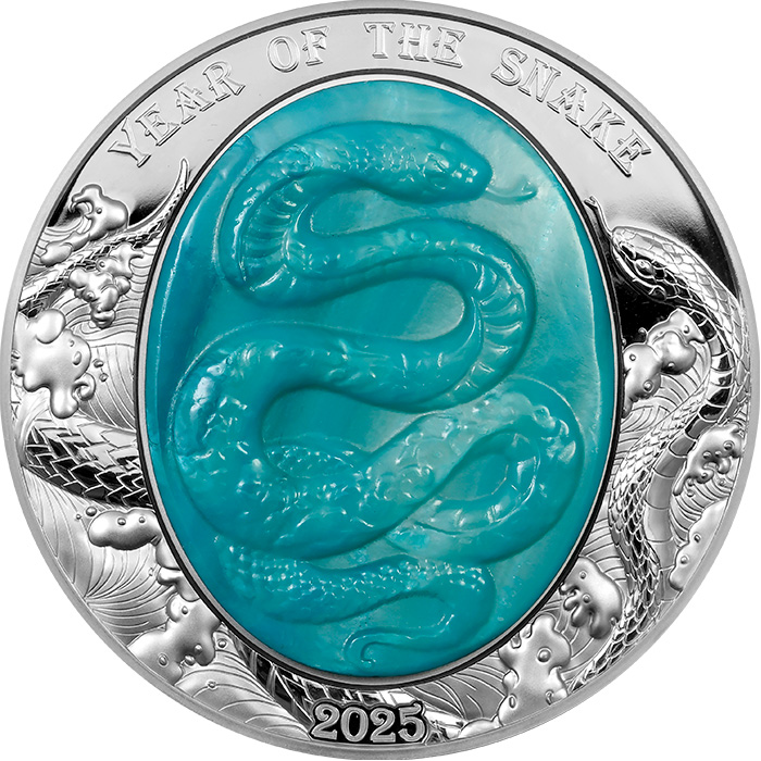 Přední strana Strieborná minca 5 Oz Year of the Snake - Rok Hada 2025 Perleť Proof