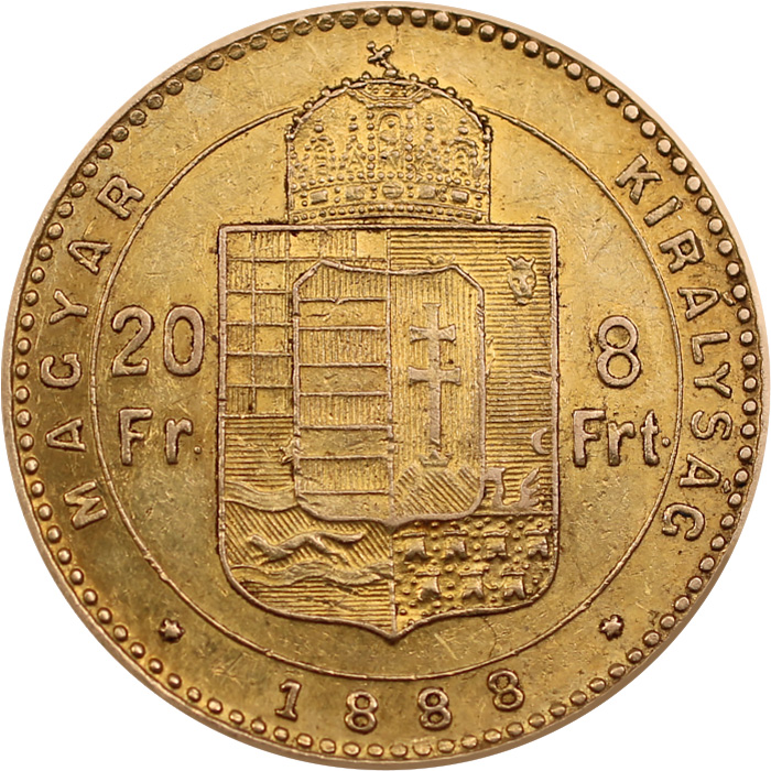 Přední strana Zlatá minca Františka Jozefa I. 8 zlatých 20 frankov 1888 Uhersko