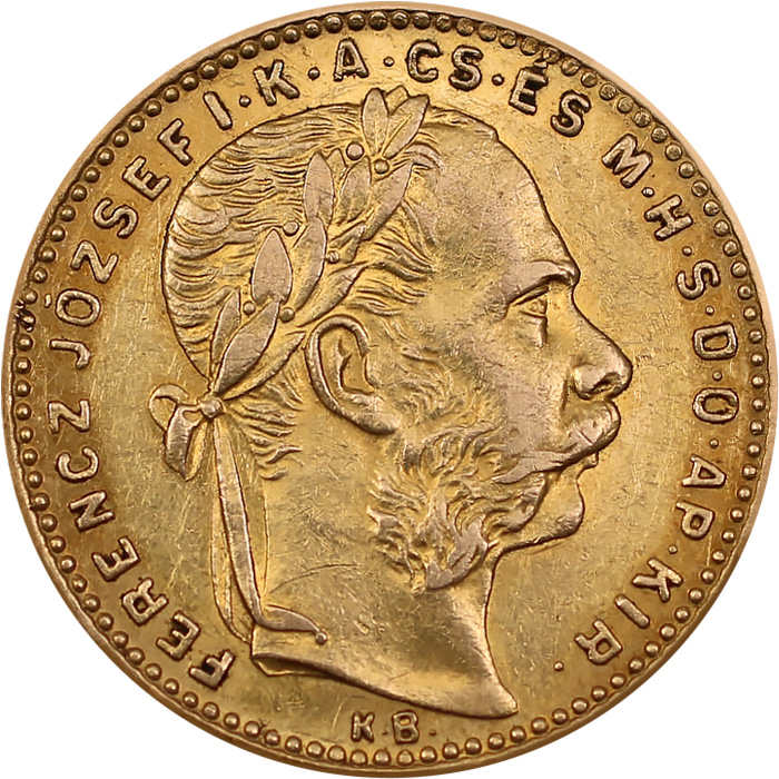 Zadní strana Zlatá minca Františka Jozefa I. 8 zlatých 20 frankov 1888 Uhersko