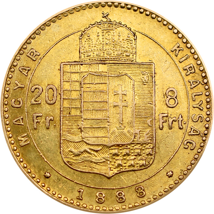 Přední strana Zlatá minca Františka Jozefa I. 8 zlatých 20 frankov 1888 Uhersko