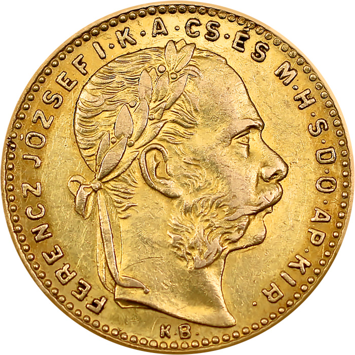 Zadní strana Zlatá minca Františka Jozefa I. 8 zlatých 20 frankov 1888 Uhersko
