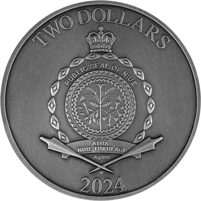 Zadní strana Stříbrná mince Lunární kalendář 2 Oz High Relief 2024 Antique Standard