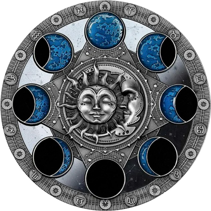 Přední strana Stříbrná mince Lunární kalendář 2 Oz High Relief 2024 Antique Standard