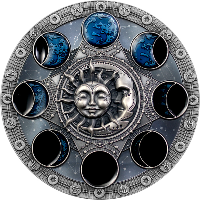 Přední strana Strieborná minca Lunárny kalendár 2 Oz High Relief 2024 Antique Standard