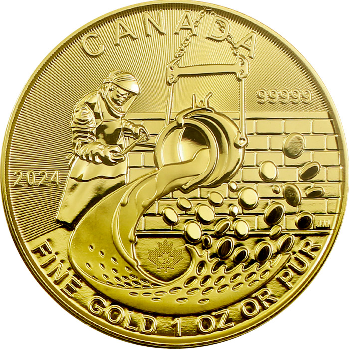 Přední strana Zlatá investiční mince Zlatá horečka na Klondiku - Rafinace zlata 1 Oz 2024 (.99999)