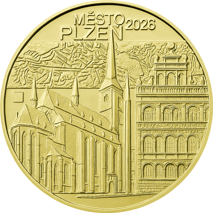 Přední strana Zlatá mince 5000 Kč Městská památková rezervace II - Plzeň 2026 Proof