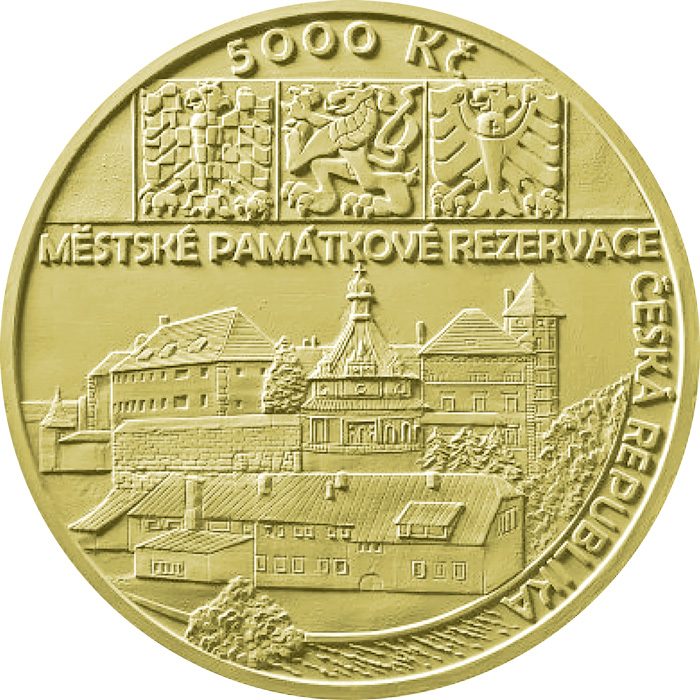 Zadní strana Zlatá mince 5000 Kč Městská památková rezervace II - Jindřichův Hradec 2026 Proof