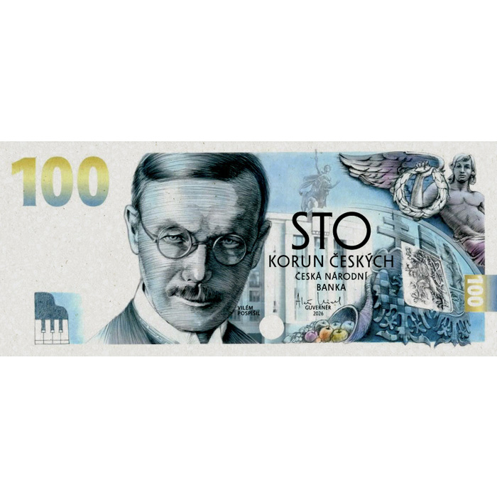 Přední strana Budovanie československej meny III - Vilém Pospíšil 100 Kč bankovka emisie 2026