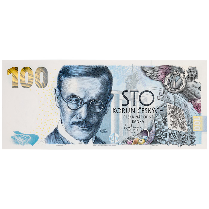 Přední strana Csehszlovák valutaépítés III - Vilém Pospíšil 100 CZK bankjegy 2026-os kibocsátása