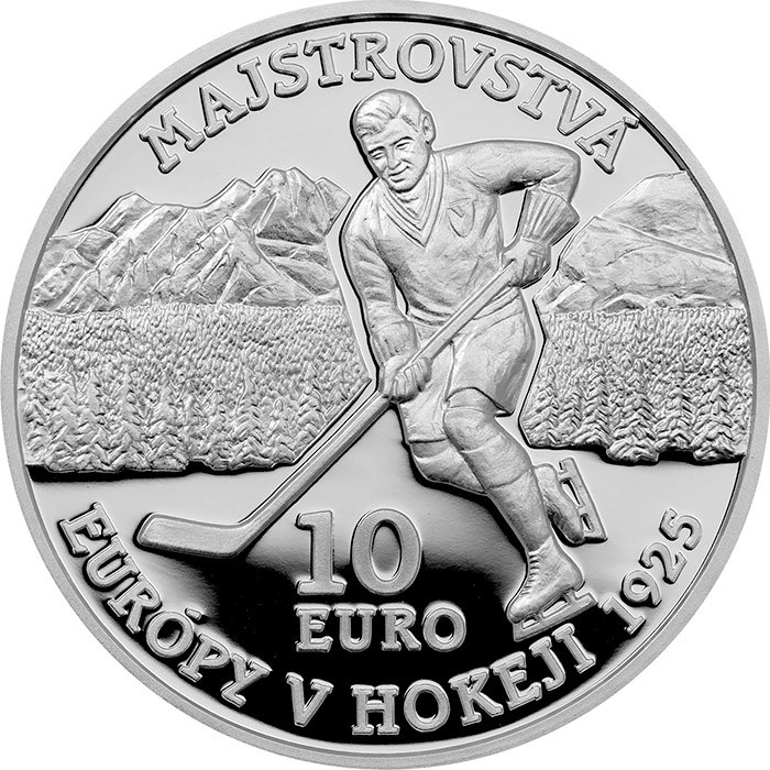 Přední strana Strieborná minca Prvý medzinárodný športový turnaj na území SR – Majstrovstvá Európy v hokeji – 100. výročie 2025 Proof