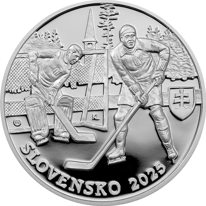 Zadní strana Strieborná minca Prvý medzinárodný športový turnaj na území SR – Majstrovstvá Európy v hokeji – 100. výročie 2025 Proof