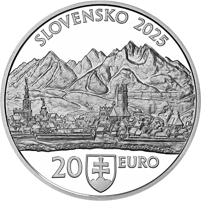 Zadní strana Stříbrná mince Památková rezervace Kežmarok 2025 Proof