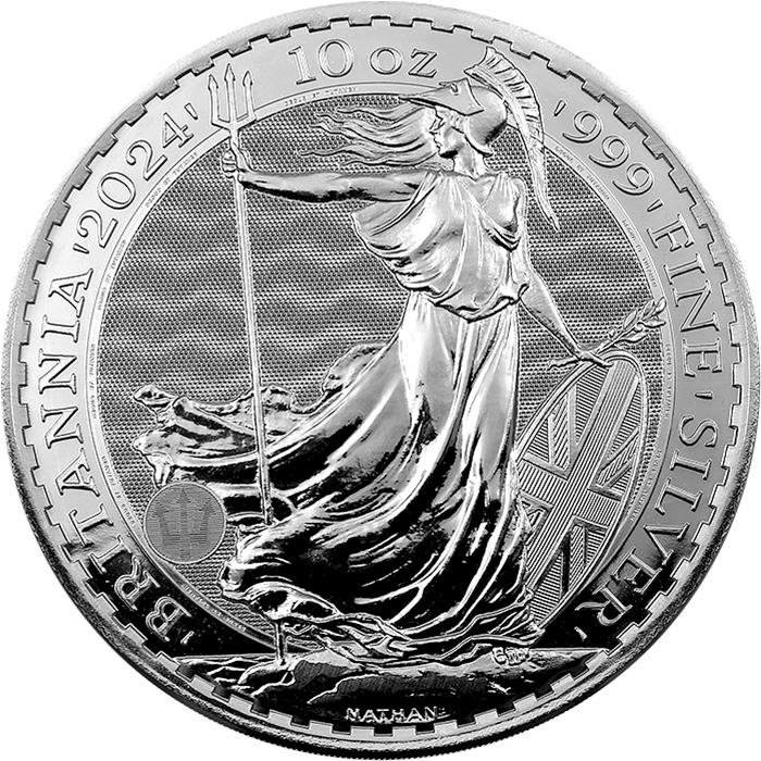 Přední strana Stříbrná investiční mince Britannia 10 Oz Král Karel III.