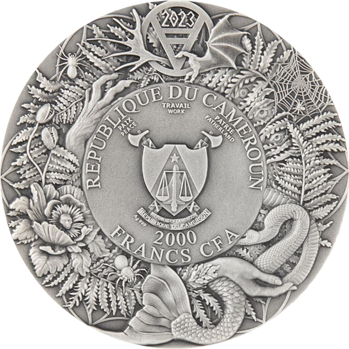 Zadní strana Stříbrná mince 3 Oz Slovanský bestiář - Alkonost High Relief 2023 Antique Standard