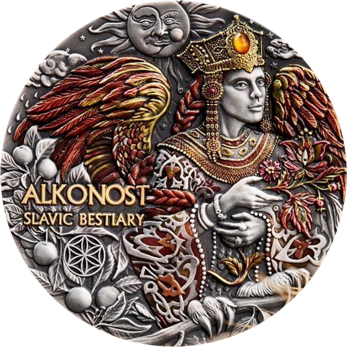 Přední strana Stříbrná mince 3 Oz Slovanský bestiář - Alkonost High Relief 2023 Antique Standard