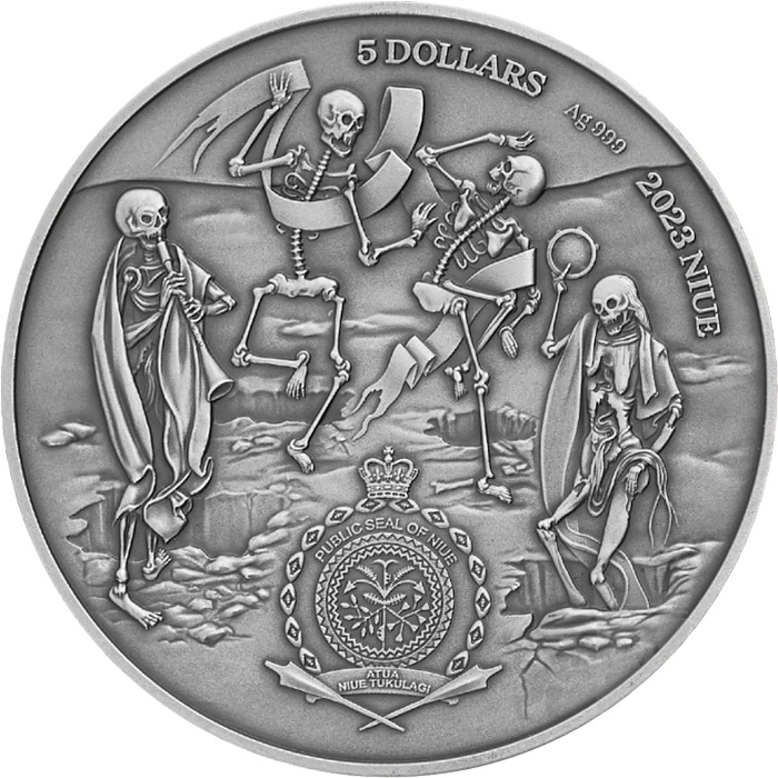 Zadní strana Stříbrná mince Lidské tragédie - Černá smrt 2 Oz High Relief 2023 Antique Standard