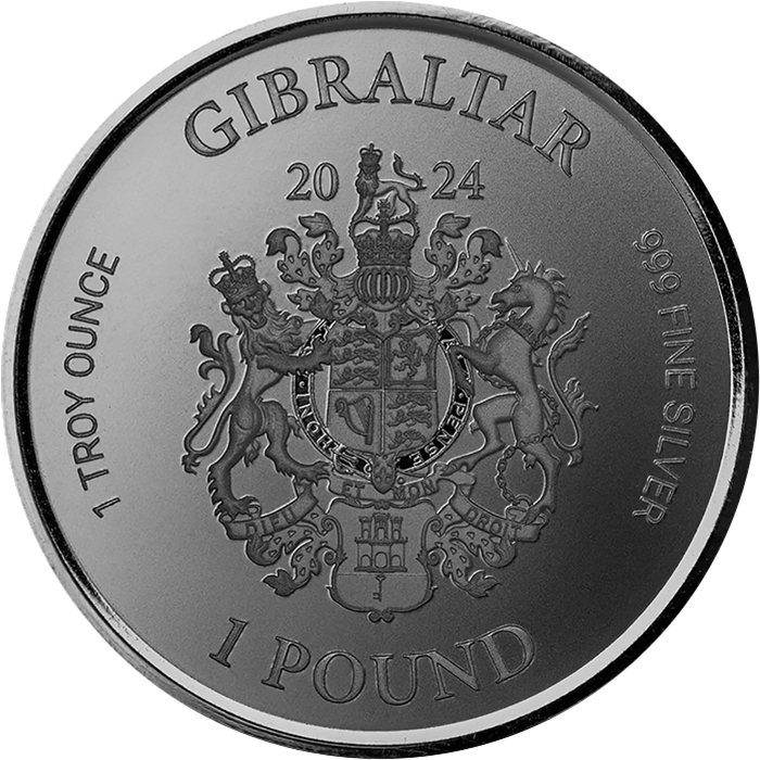 Zadní strana Stříbrná investiční mince Gibraltar Lady Justice 1 Oz 2024