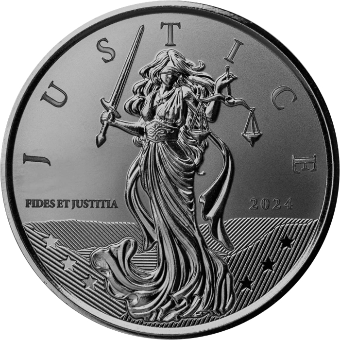 Přední strana Stříbrná investiční mince Gibraltar Lady Justice 1 Oz 2024