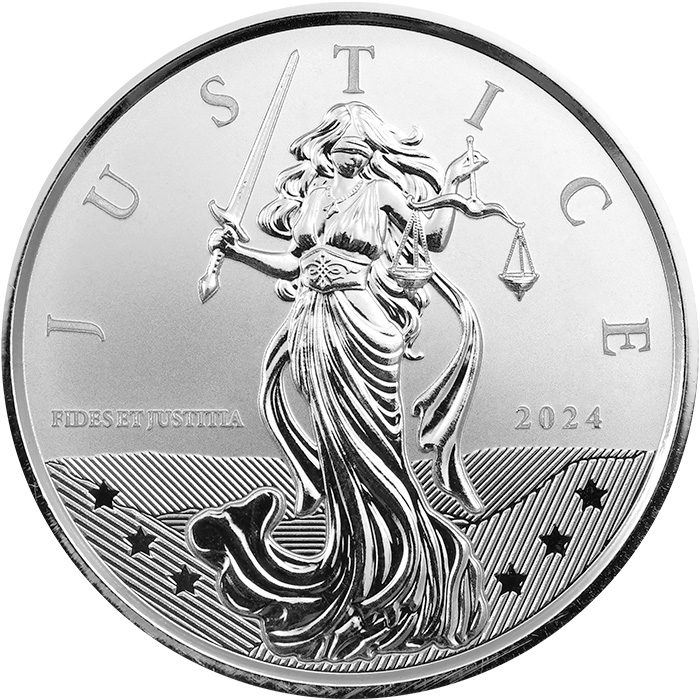 Přední strana Strieborná investičná minca Gibraltár Lady Justice 1 Oz 2024