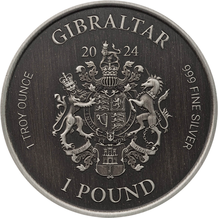 Zadní strana Stříbrná investiční mince Gibraltar Lady Justice Antique 1 Oz 2024