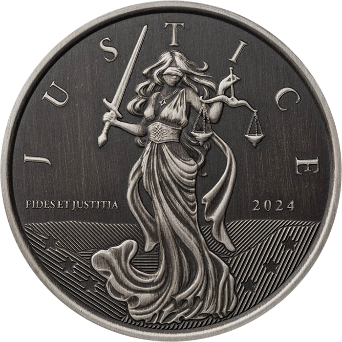 Přední strana Stříbrná investiční mince Gibraltar Lady Justice Antique 1 Oz 2024