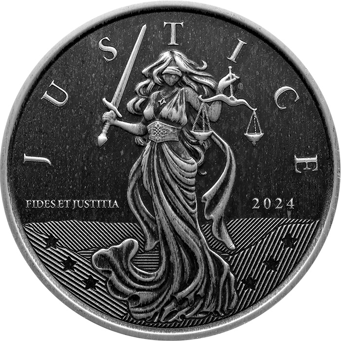 Přední strana Stříbrná investiční mince Gibraltar Lady Justice Antique 1 Oz 2024