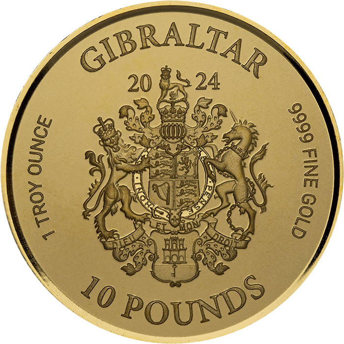 Zadní strana Zlatá investiční mince Gibraltar Lady Justice 1 Oz 2024