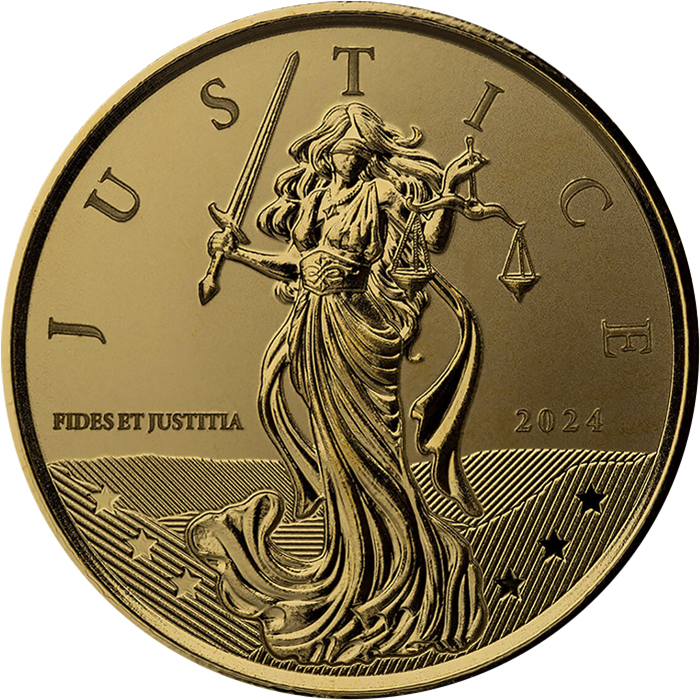 Přední strana Zlatá investiční mince Gibraltar Lady Justice 1 Oz 2024
