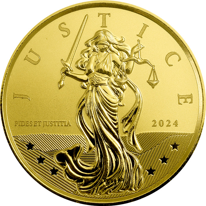 Přední strana Arany befektetési aranyérme Gibraltár Lady Justice 1 Oz 2024