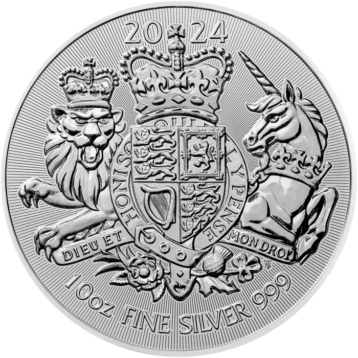 Přední strana Stříbrná investiční mince Royal Arms 10 Oz 2024