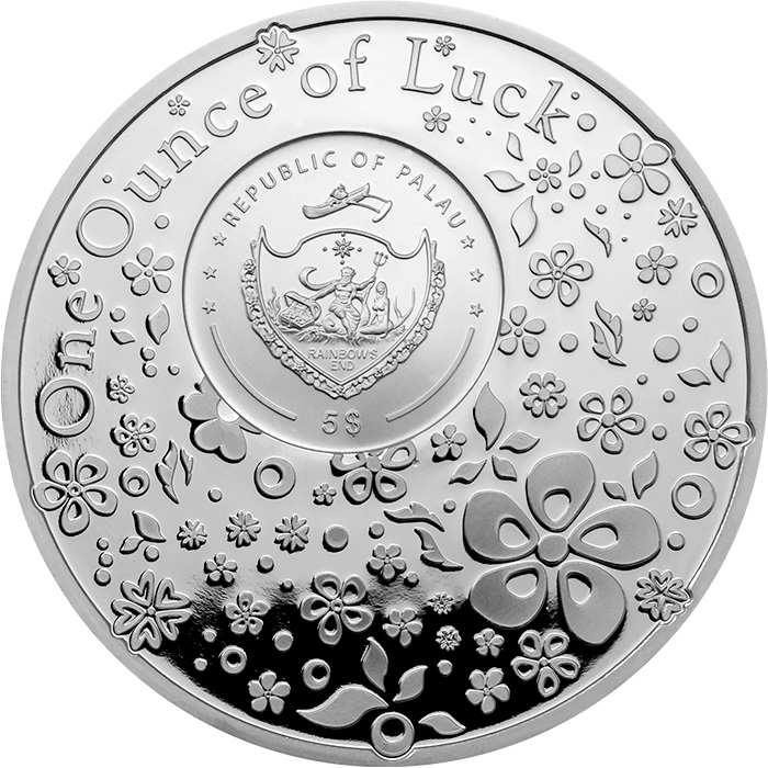 Zadní strana Strieborná minca Štvorlístok Unca šťastie 1 Oz 2025 Proof