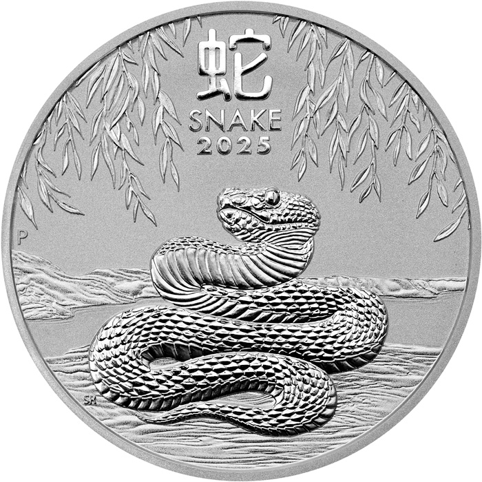 Přední strana Stříbrná investiční mince Year of the Snake Rok Hada Lunární 2 Oz 2025