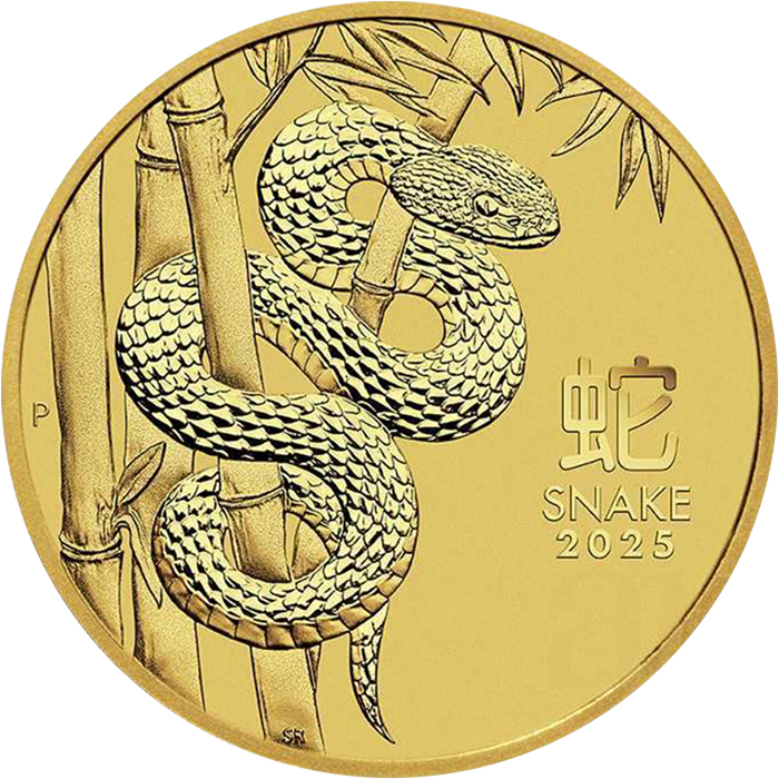 Přední strana Zlatá investiční mince Year of the Snake Rok Hada Lunární 1/10 Oz 2025