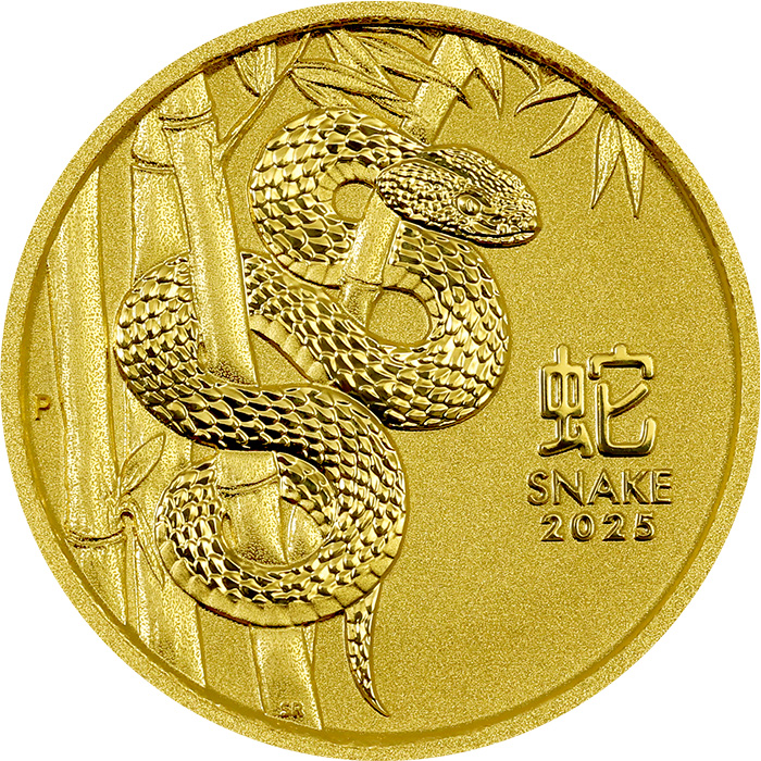 Přední strana Zlatá investičná minca Year of the Snake Rok Hada Lunárna 1/10 Oz 2025