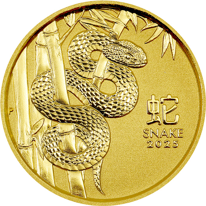 Přední strana Zlatá investiční mince Year of the Snake Rok Hada Lunární 1/4 Oz 2025