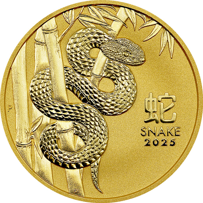 Přední strana Zlatá investiční mince Year of the Snake Rok Hada Lunární 2 Oz 2025