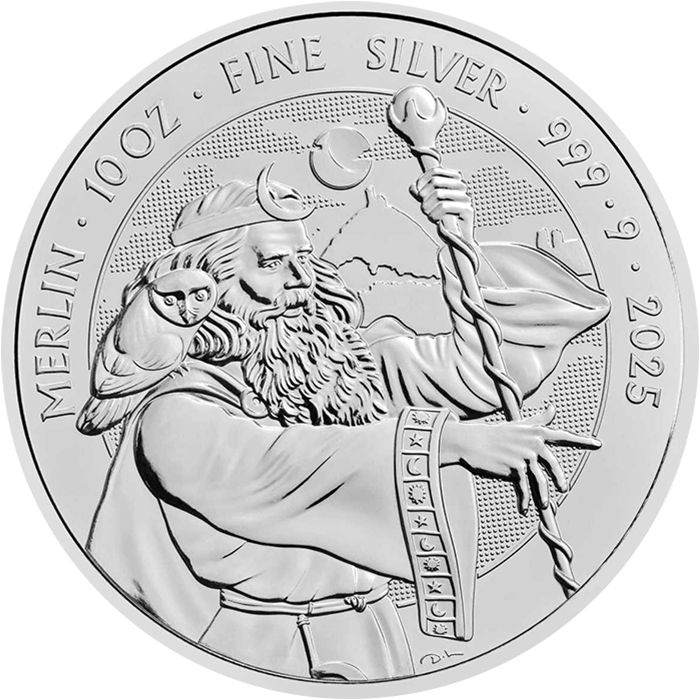 Přední strana Stříbrná investiční mince Mýty a legendy - Merlin 10 Oz 2025