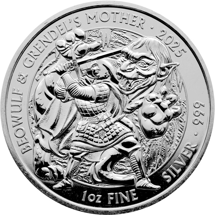 Přední strana Stříbrná investiční mince Mýty a legendy - Beowulf a Grendelova matka 1 Oz 2025