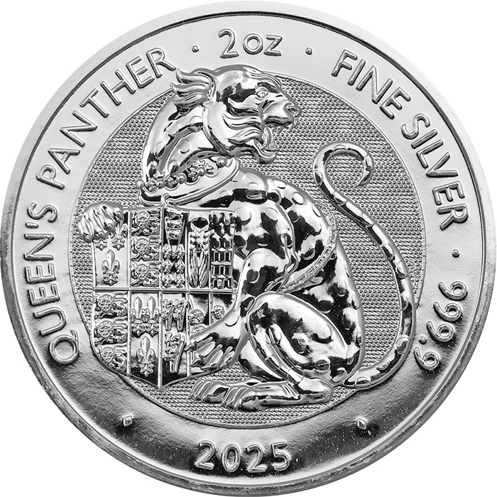 Přední strana Stříbrná investiční mince The Royal Tudor Beasts - The Queen‘s Panther 2 Oz 2025