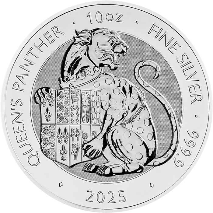 Přední strana Stříbrná investiční mince The Royal Tudor Beasts - The Queen‘s Panther 10 Oz 2025