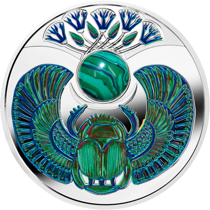 Přední strana Malachite Scarab Silver Coin 2024 Proof