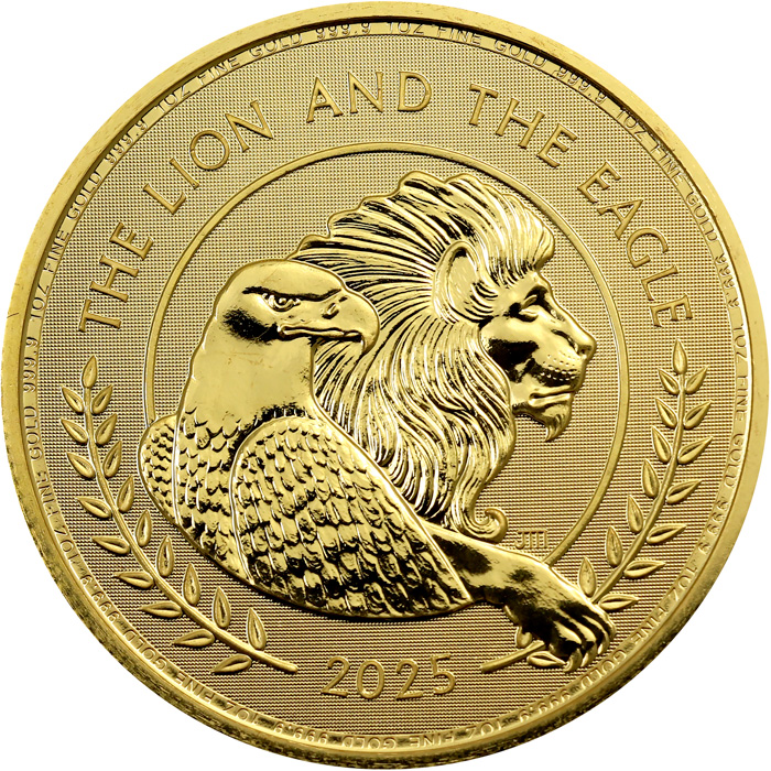 Přední strana Zlatá investiční mince British Lion and American Eagle 1 Oz 2025
