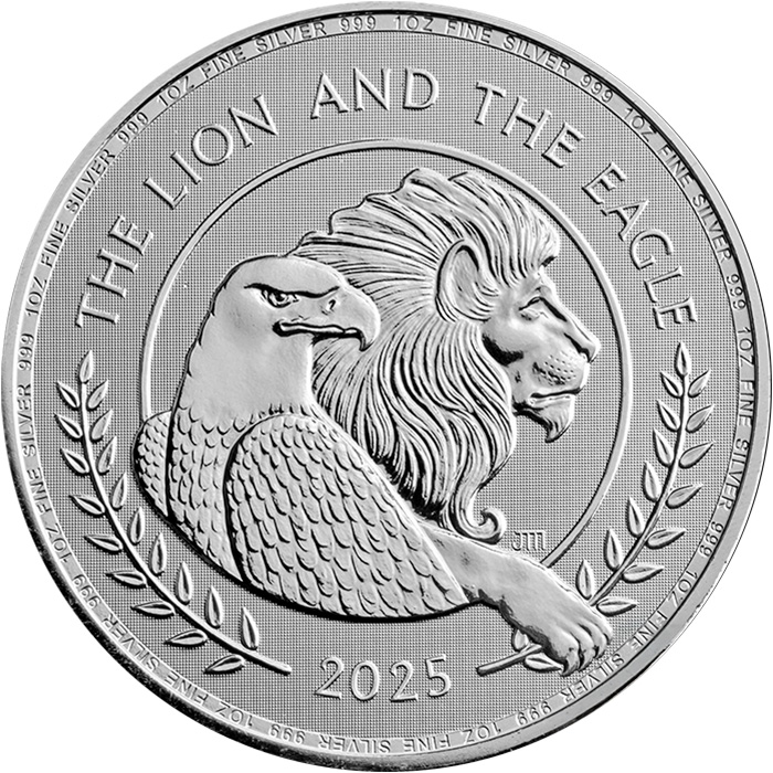 Přední strana Stříbrná investiční mince British Lion and American Eagle 1 Oz 2025