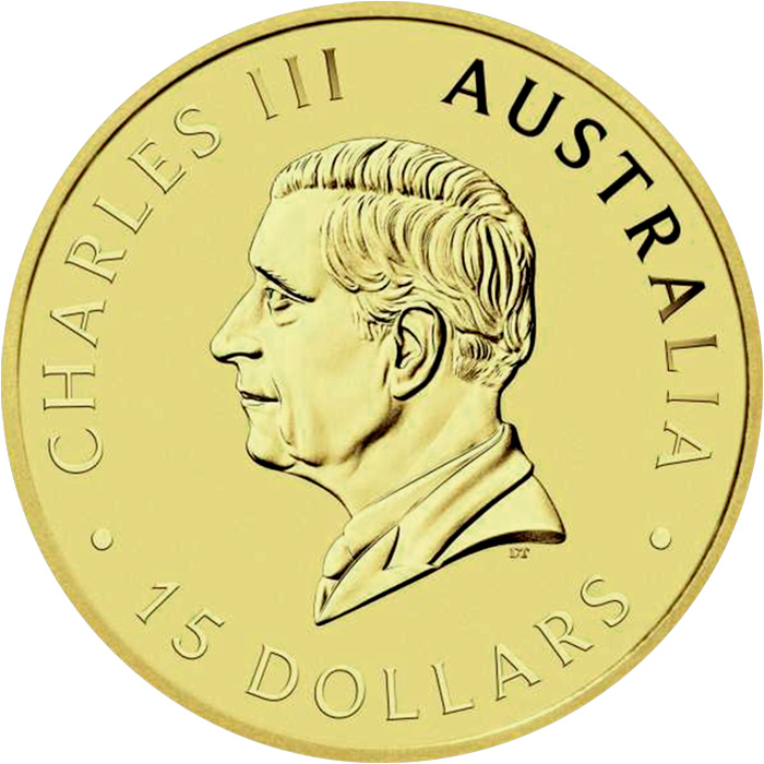 Zadní strana Zlatá investiční mince Kookaburra Ledňáček 1/10 Oz 2025