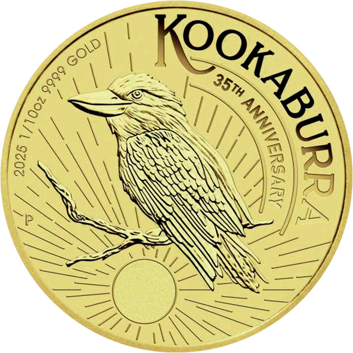 Přední strana Zlatá investiční mince Kookaburra Ledňáček 1/10 Oz 2025