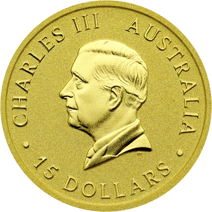 Zadní strana Zlatá investiční mince Kookaburra Ledňáček 1/10 Oz 2025