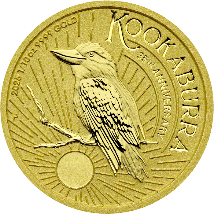 Přední strana Zlatá investiční mince Kookaburra Ledňáček 1/10 Oz 2025